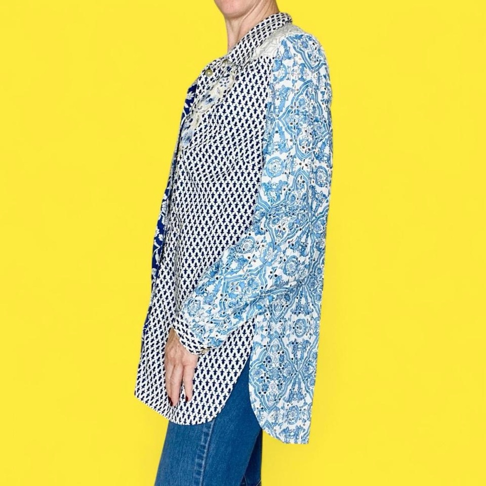 Soft Surroundings Blue & White Linen Eyelet Floral Embroidered Shirt - Picture 2 of 8